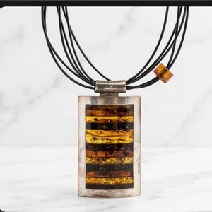Rectangular Striped Amber Pendant on Black Multi-Strand Cord